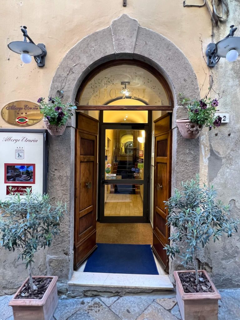 entrance to etruria hotel in volterra, italy