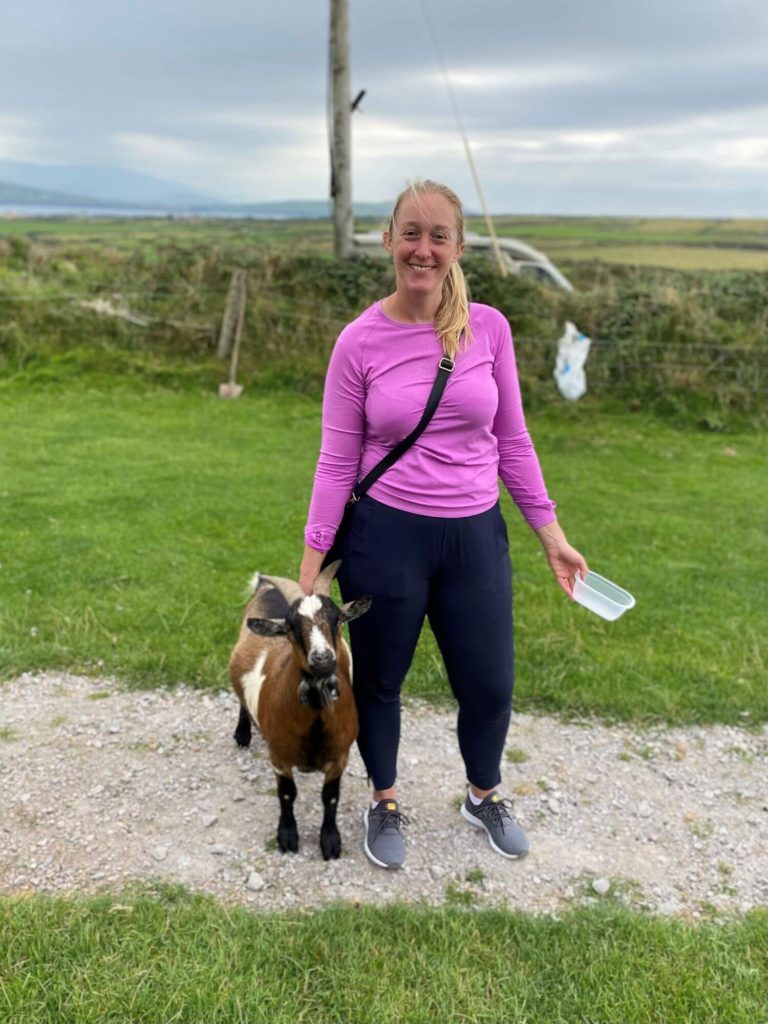 michelle with her new best friend, a goat