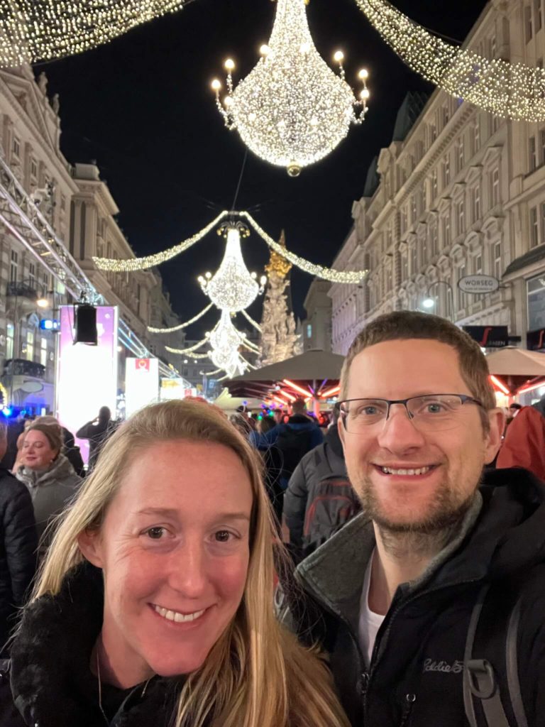 michelle and me taking a photo on the graben during vienna's new year's eve trail