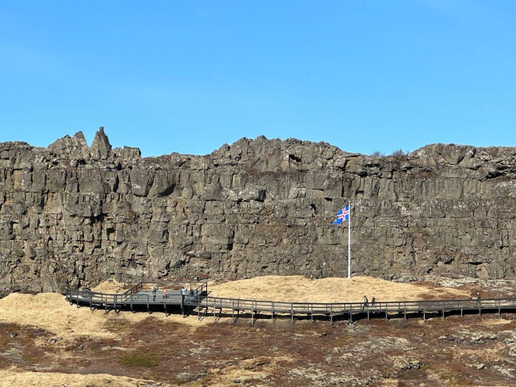 Iceland's Flag On The Law Rock At Thingvellir National Park